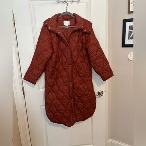Women's Quilted 3/4 length hooded coat in Rust